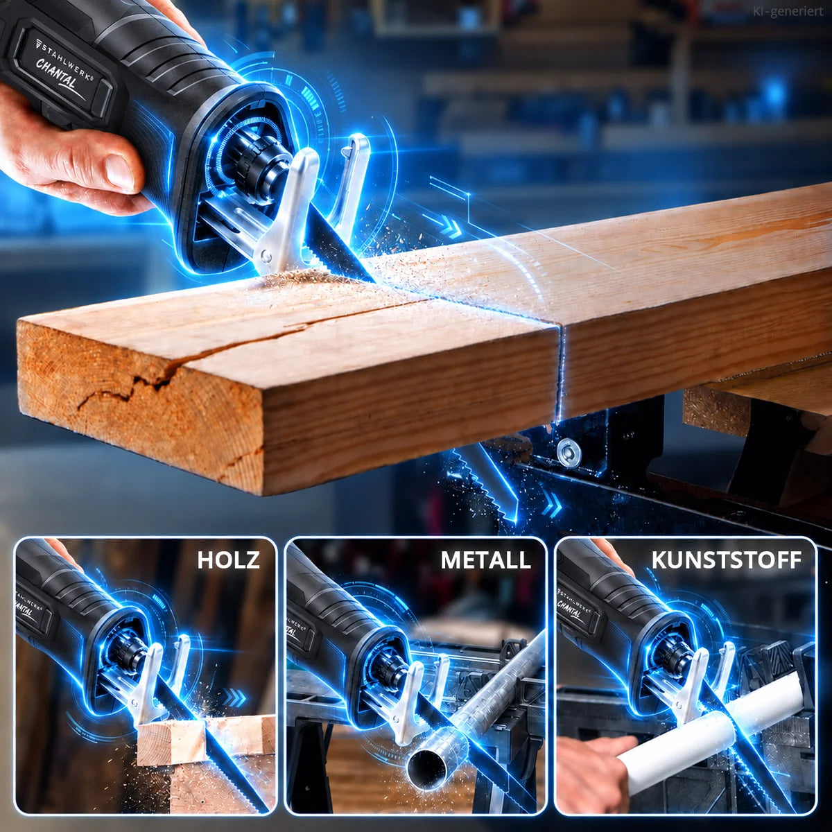 STAHLWERK Akku-Säbelsäge CHANTAL | 20 Volt-System | 2.800 U/min | 25,4 mm Hub | Reciprosäge für Holz, Metall, Kunststoff und Gipskarton | Brushless
