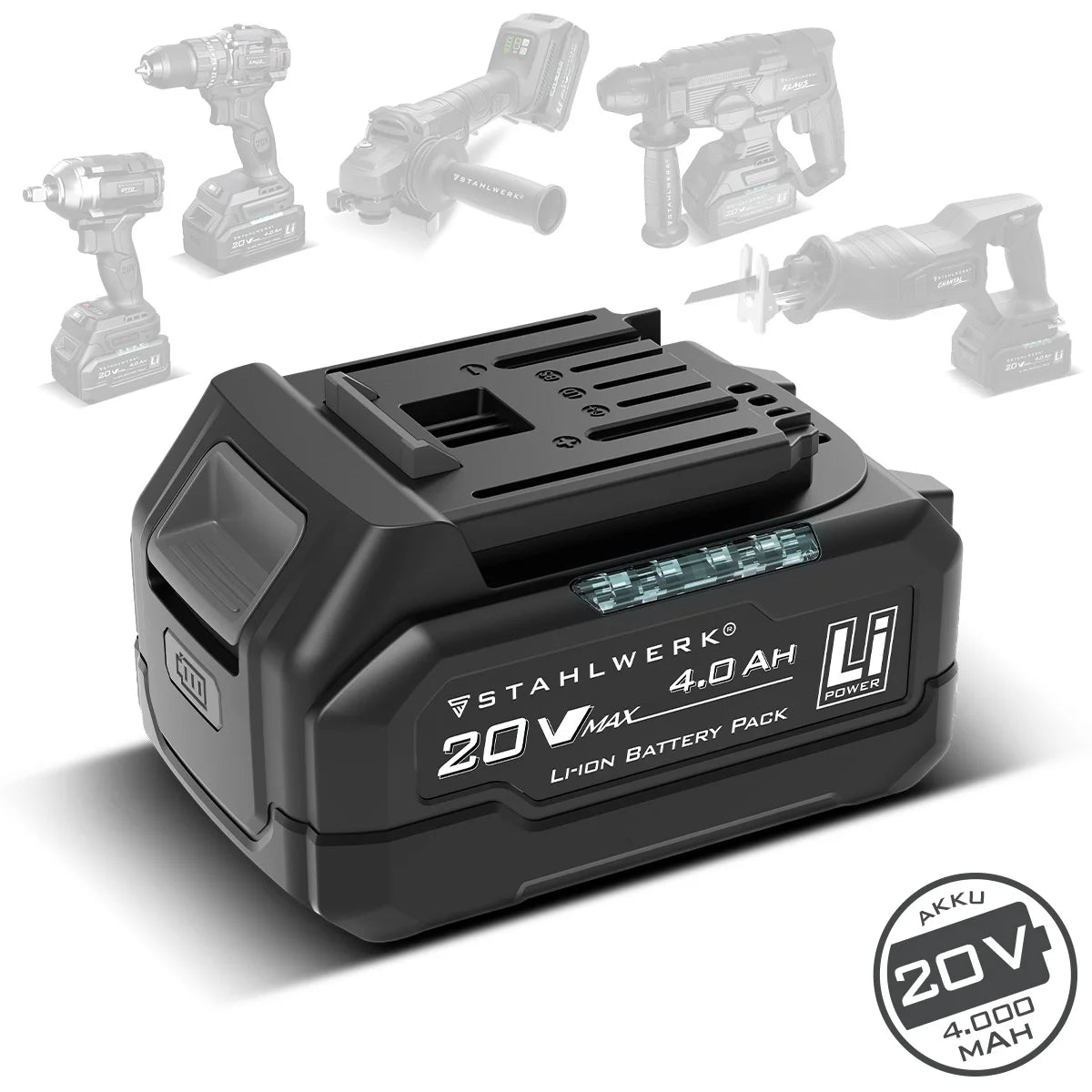 STAHLWERK Akku WHB-2040 mit 20 V, 4 Ah und 80 Wh | Li-Ion-Akku mit integrierter 4-LED-Ladestandsanzeige, Prüftaste, Ersatzakku