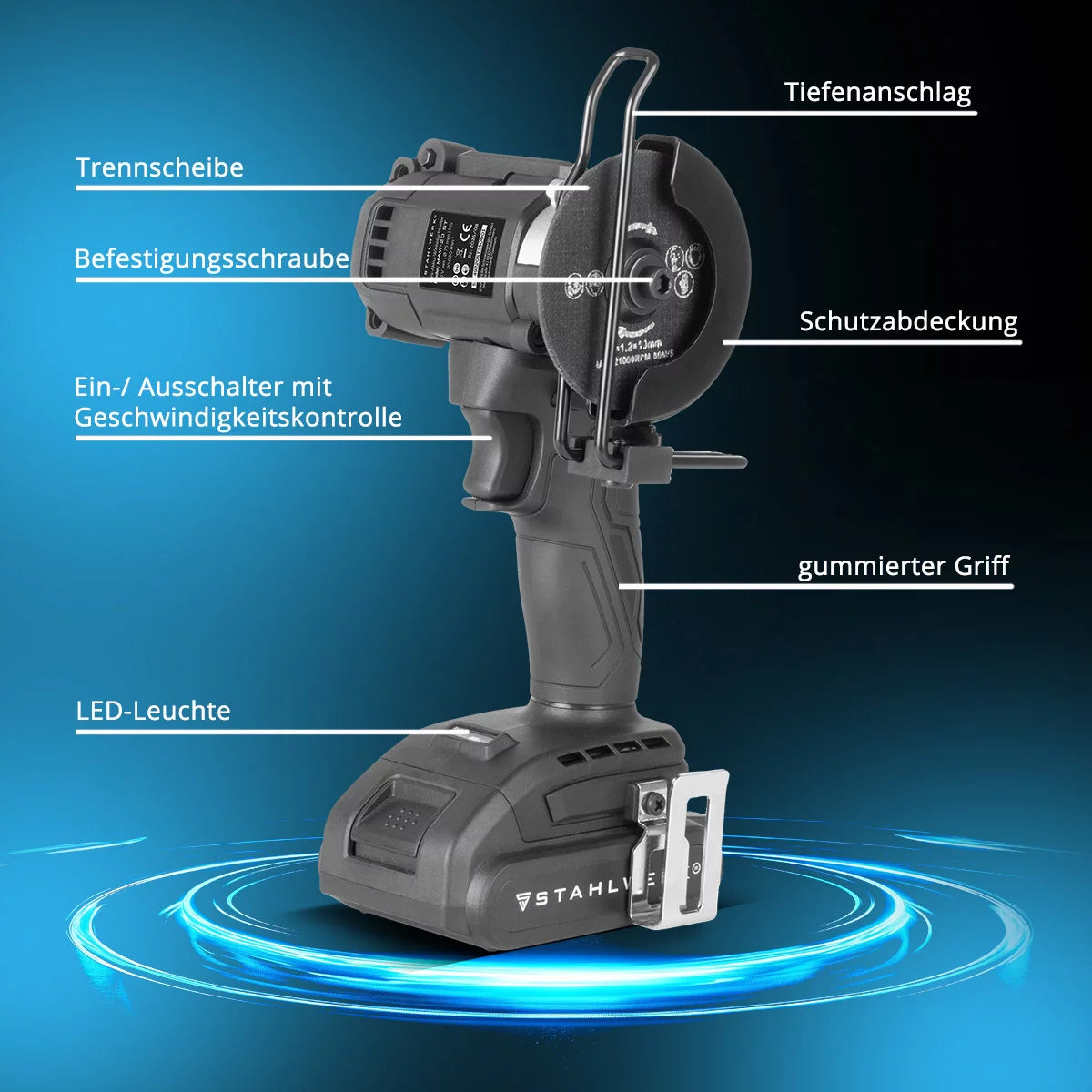 STAHLWERK mini cordless angle grinder MAW-20 ST with 2000 mAh battery | Hand angle grinder for cutting metal, tiles and wood | Electric mini saw with brushless technology