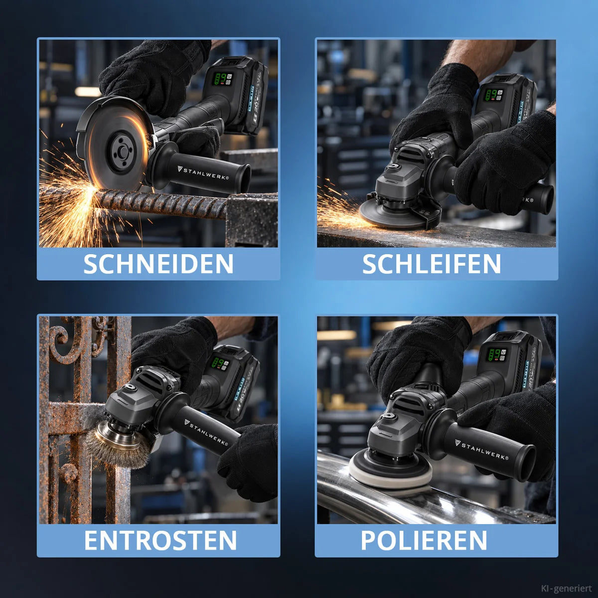 STAHLWERK Akku-Winkelschleifer WILLI | 20 Volt-System | 125 mm Scheibendurchmesser | M14 Spindel | Brushless | Akku zum Schleifen, Schneiden und Polieren