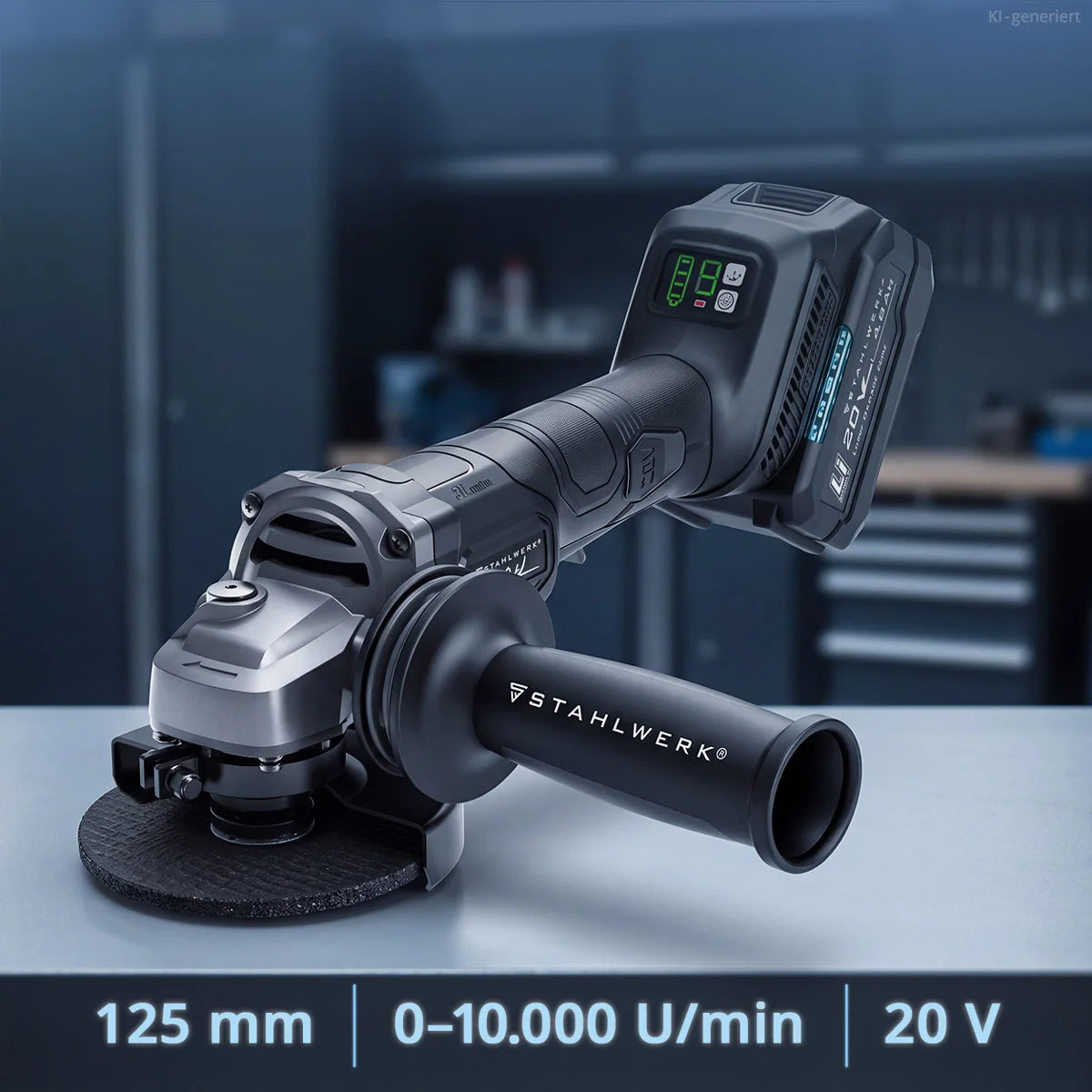 STAHLWERK Akku-Winkelschleifer WILLI | 20 Volt-System | 125 mm Scheibendurchmesser | M14 Spindel | Brushless | Akku zum Schleifen, Schneiden und Polieren