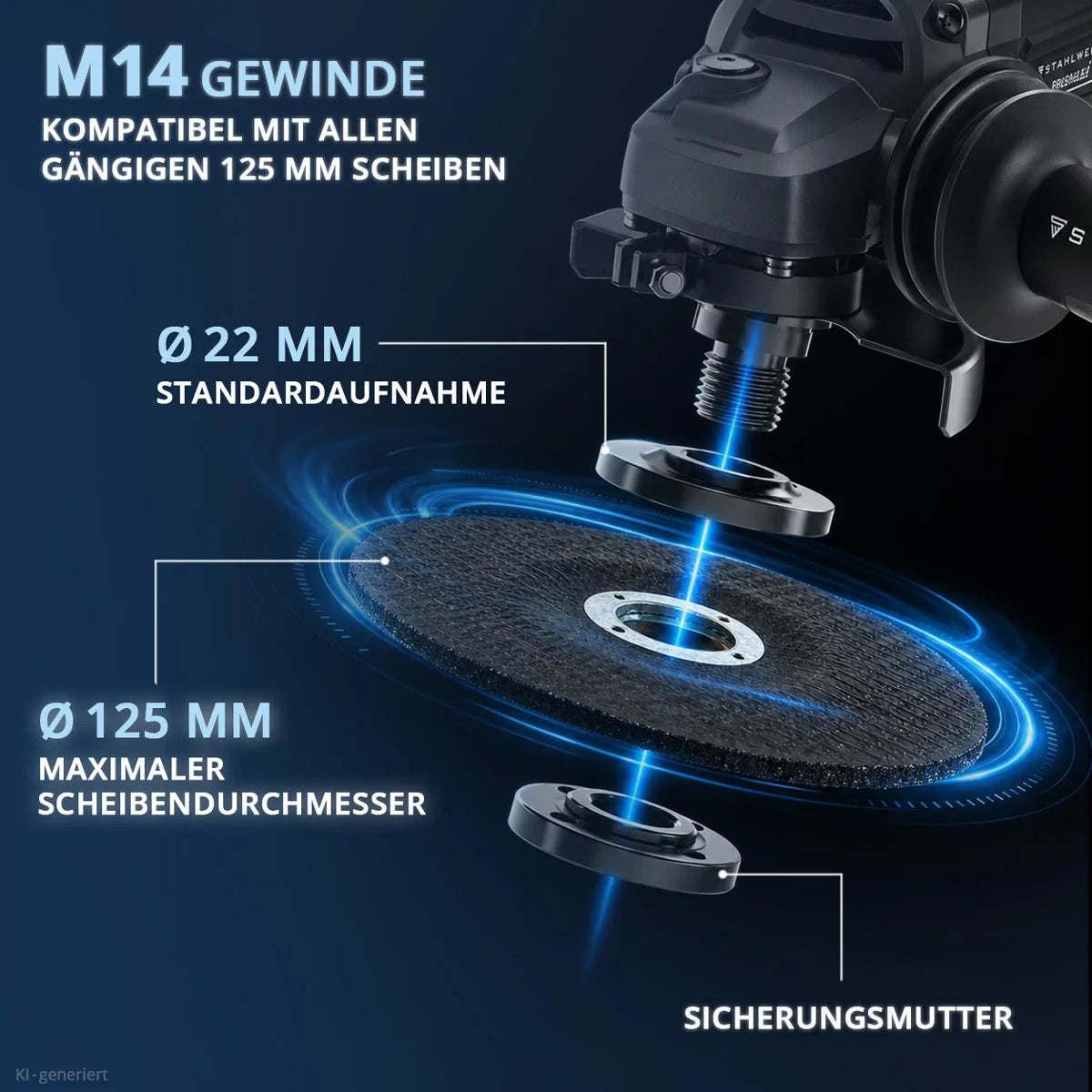 STAHLWERK Akku-Winkelschleifer WILLI | 20 Volt-System | 125 mm Scheibendurchmesser | M14 Spindel | Brushless | Akku zum Schleifen, Schneiden und Polieren