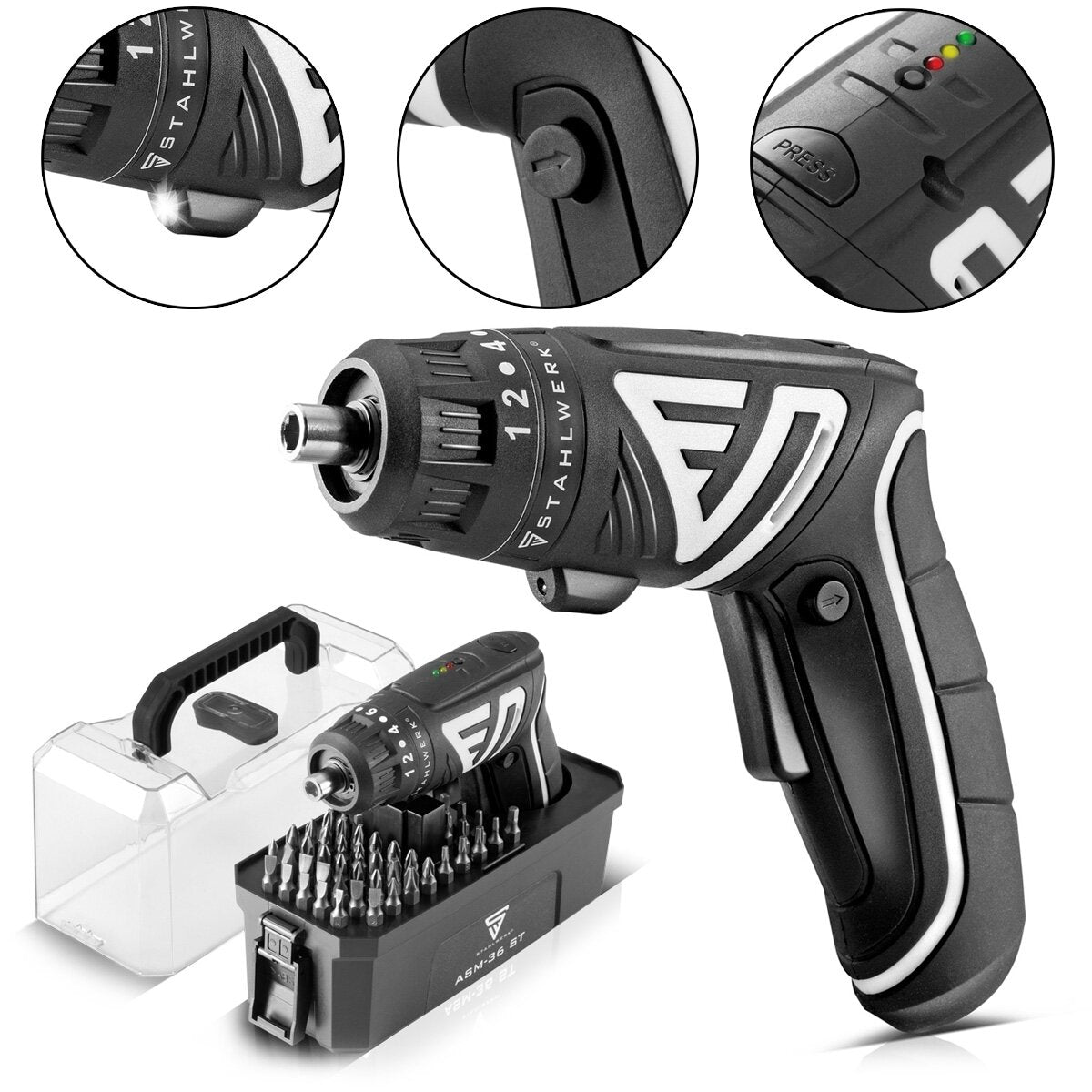 Stahlwerk Crowdriver cordless ASM-36 ST Compact 3.6 V Stabhauer | Kick Charwdriver | Cacciavite senza cordoncino | Cacciavitore a cordone con connessione USB-C e set di bit estesi