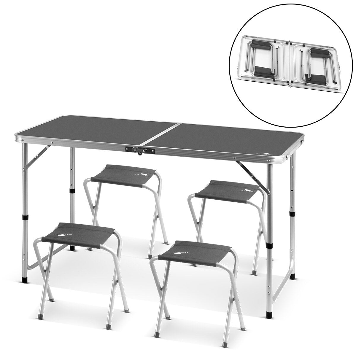 STAHLWERK Campingtisch mit 4 Hockern | Höhenverstellbarer Aluminium-Klapptisch 120 x 60 x 55 - 70 cm Gartentisch | Campingmöbel | Falttisch | klappbare Tischgarnitur im Set mit 4 Campingstühlen