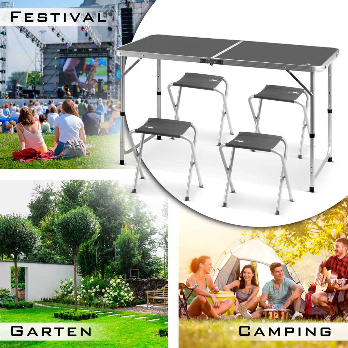 STAHLWERK Campingtisch mit 4 Hockern | Höhenverstellbarer Aluminium-Klapptisch 120 x 60 x 55 - 70 cm Gartentisch | Campingmöbel | Falttisch | klappbare Tischgarnitur im Set mit 4 Campingstühlen