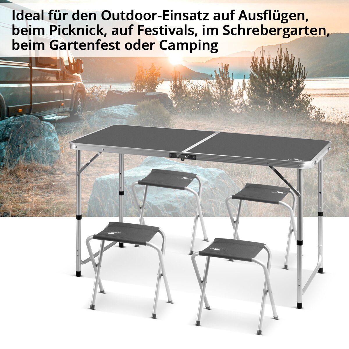 STAHLWERK Campingtisch mit 4 Hockern | Höhenverstellbarer Aluminium-Klapptisch 120 x 60 x 55 - 70 cm Gartentisch | Campingmöbel | Falttisch | klappbare Tischgarnitur im Set mit 4 Campingstühlen