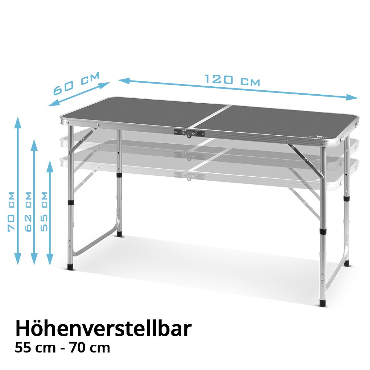 STAHLWERK Campingtisch mit 4 Hockern | Höhenverstellbarer Aluminium-Klapptisch 120 x 60 x 55 - 70 cm Gartentisch | Campingmöbel | Falttisch | klappbare Tischgarnitur im Set mit 4 Campingstühlen