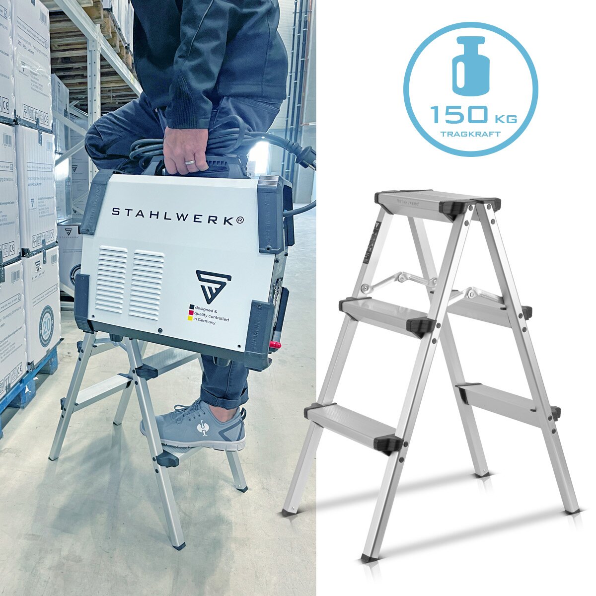 STAHLWERK Alu-Trittleiter ALT-150 ST bis 150 kg, 3 Stufen, Standhöhe 72 cm, Aluminium-Leiter | Klappleiter | Klapptritt | Mehrzweckleiter | Stehleiter mit rutschfesten Sprossen