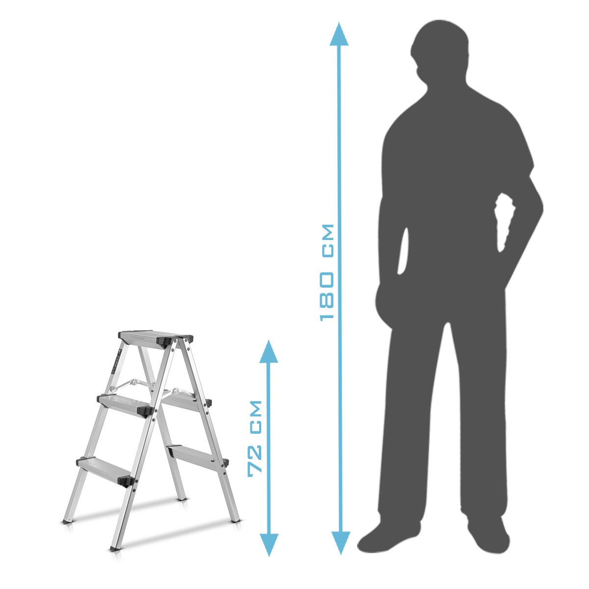 STAHLWERK Alu-Trittleiter ALT-150 ST bis 150 kg, 3 Stufen, Standhöhe 72 cm, Aluminium-Leiter | Klappleiter | Klapptritt | Mehrzweckleiter | Stehleiter mit rutschfesten Sprossen