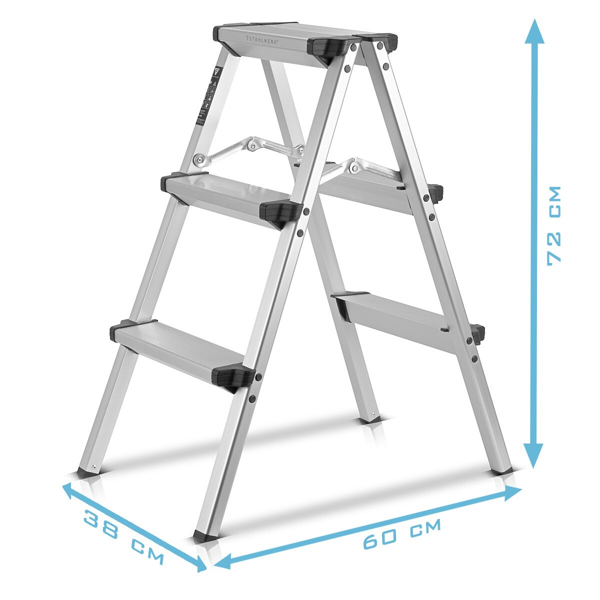 STAHLWERK Alu-Trittleiter ALT-150 ST bis 150 kg, 3 Stufen, Standhöhe 72 cm, Aluminium-Leiter | Klappleiter | Klapptritt | Mehrzweckleiter | Stehleiter mit rutschfesten Sprossen