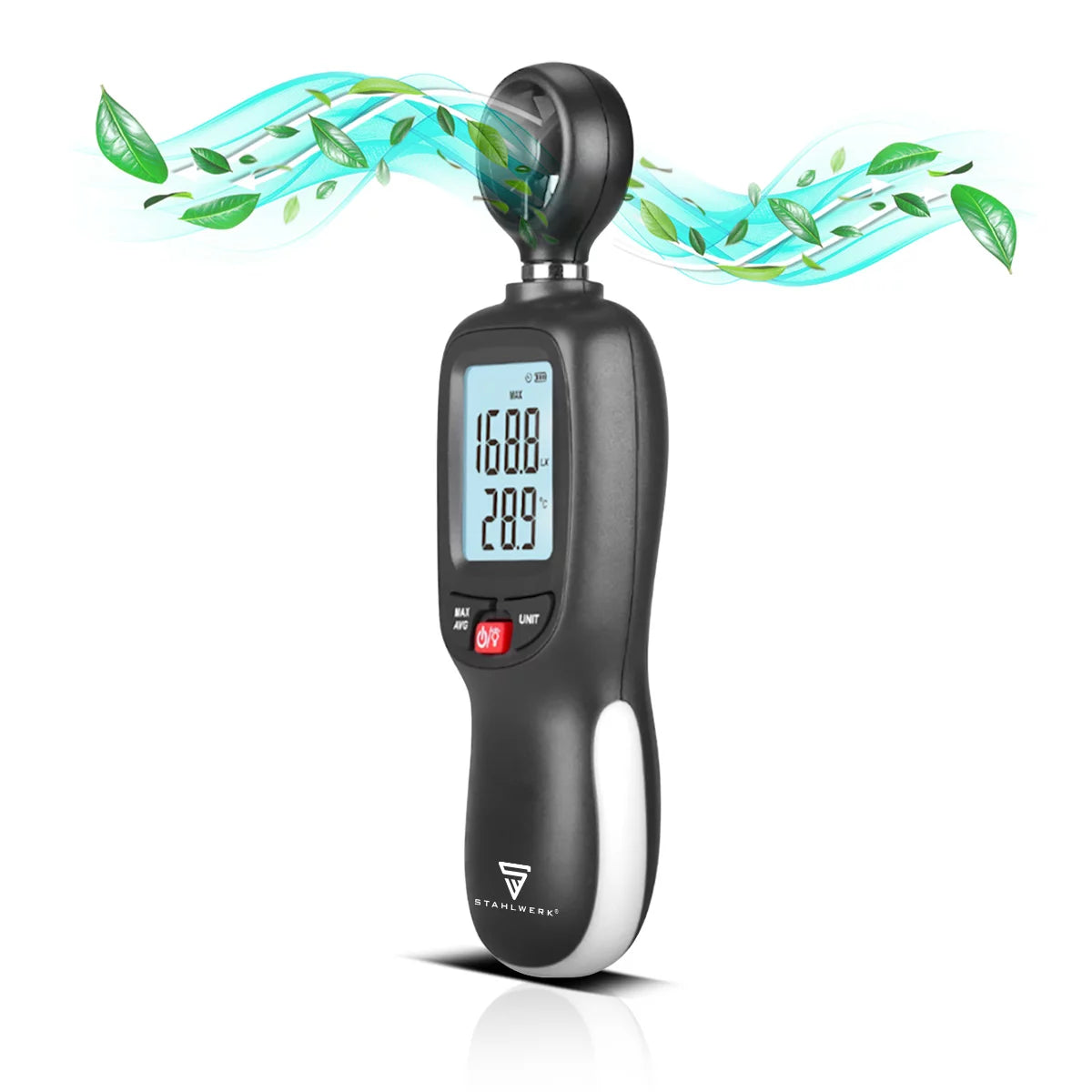 STAHLWERK Anemometer | Kompakter Luftgeschwindigkeitsmesser 30 m/s | Windmessgerät | Luftstrommesser | Präzise Messung von Windgeschwindigkeitsdaten | Digitales Lufttemperaturmessgerät mit LCD-Display