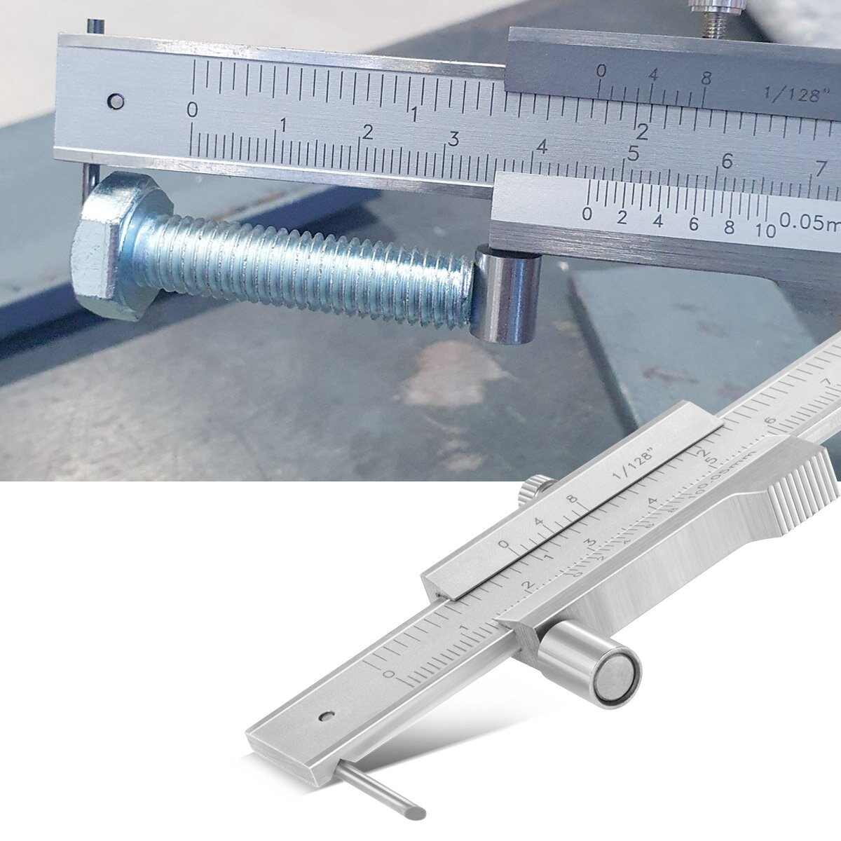 Steelworks anreiß-messbehieber | Teoria della misurazione | Teoria scorrevole 0-200 mm | 8 pollici con il rullo Nonous e Stop secondo Din 862 per misurazioni di precisione