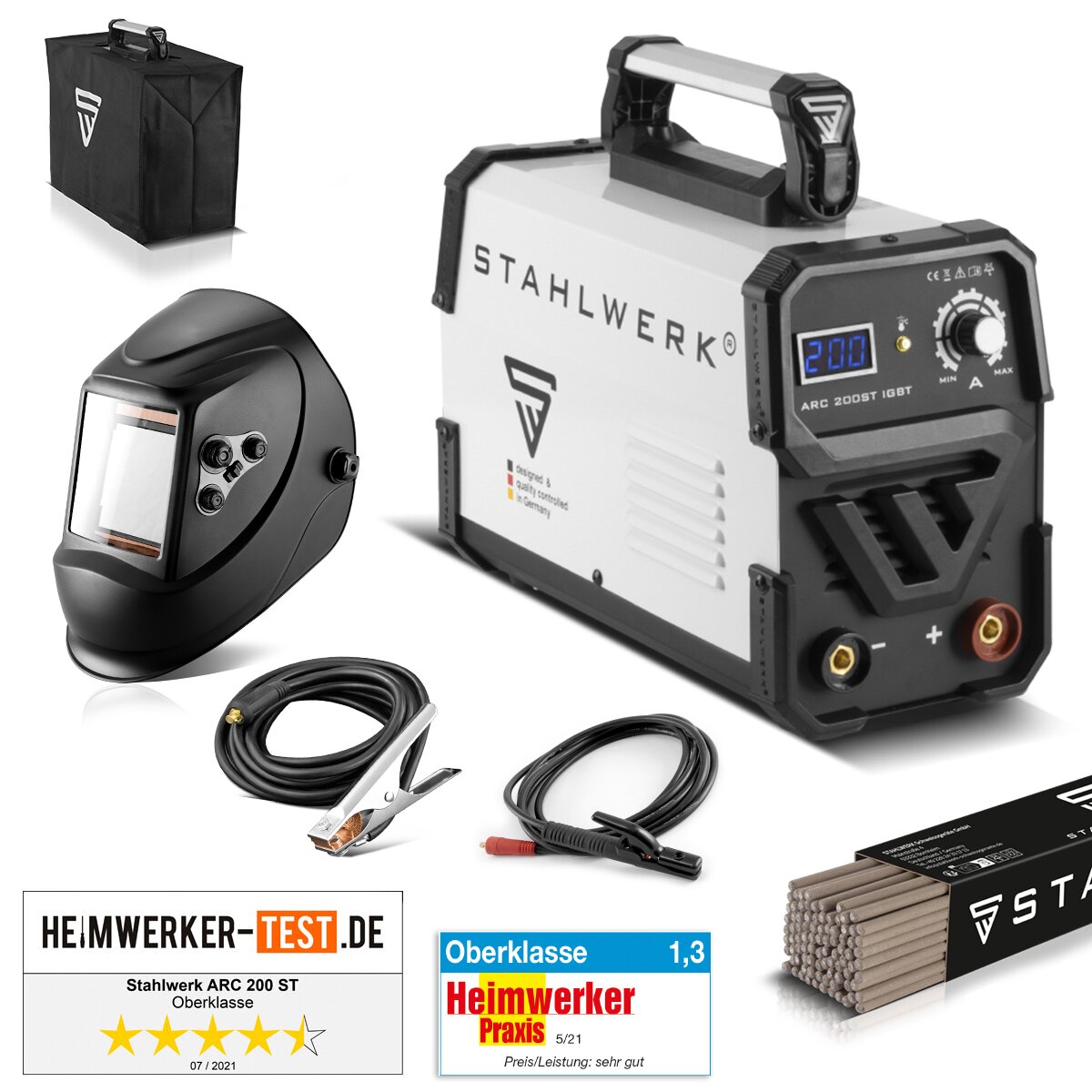 Steelworks welding machine ARC 200 ST IGBT-full equipment / DC MMA / E-Hand welding device / lift-tig Double Board / electrode welding device