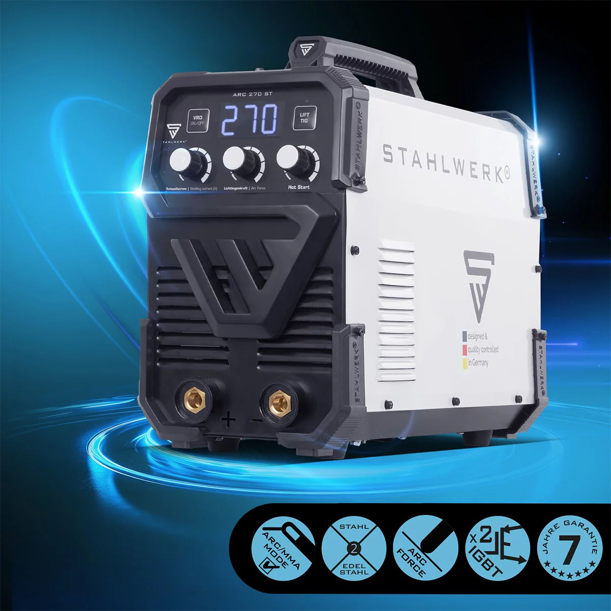 STAHLWERK ARC 270 ST Vollausstattung IGBT- Schweißgerät DC MMA / E-Hand Welder, Lift-TIG Funktion mit echten 270 Ampere sehr kompakt, 400V, weiß