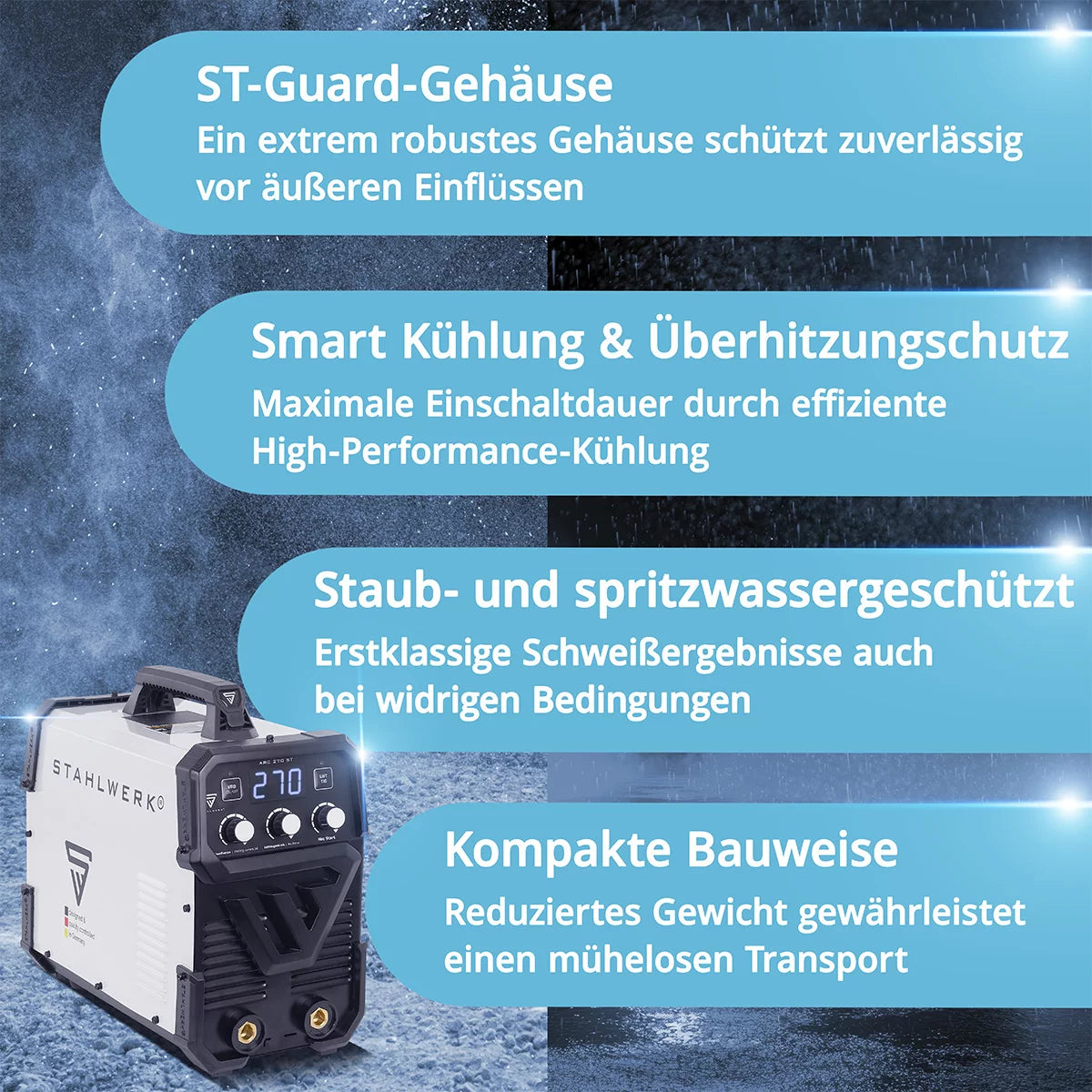 STAHLWERK Schweißgerät ARC-270 ST | E-Hand-Schweißgerät 270 A | MMA- Elektrodenschweißen | Lift-TIG Inverter 400 V | Integrierter Überhitzungsschutz | Smart-Kühlung | Intelligente Temperatursteuerung