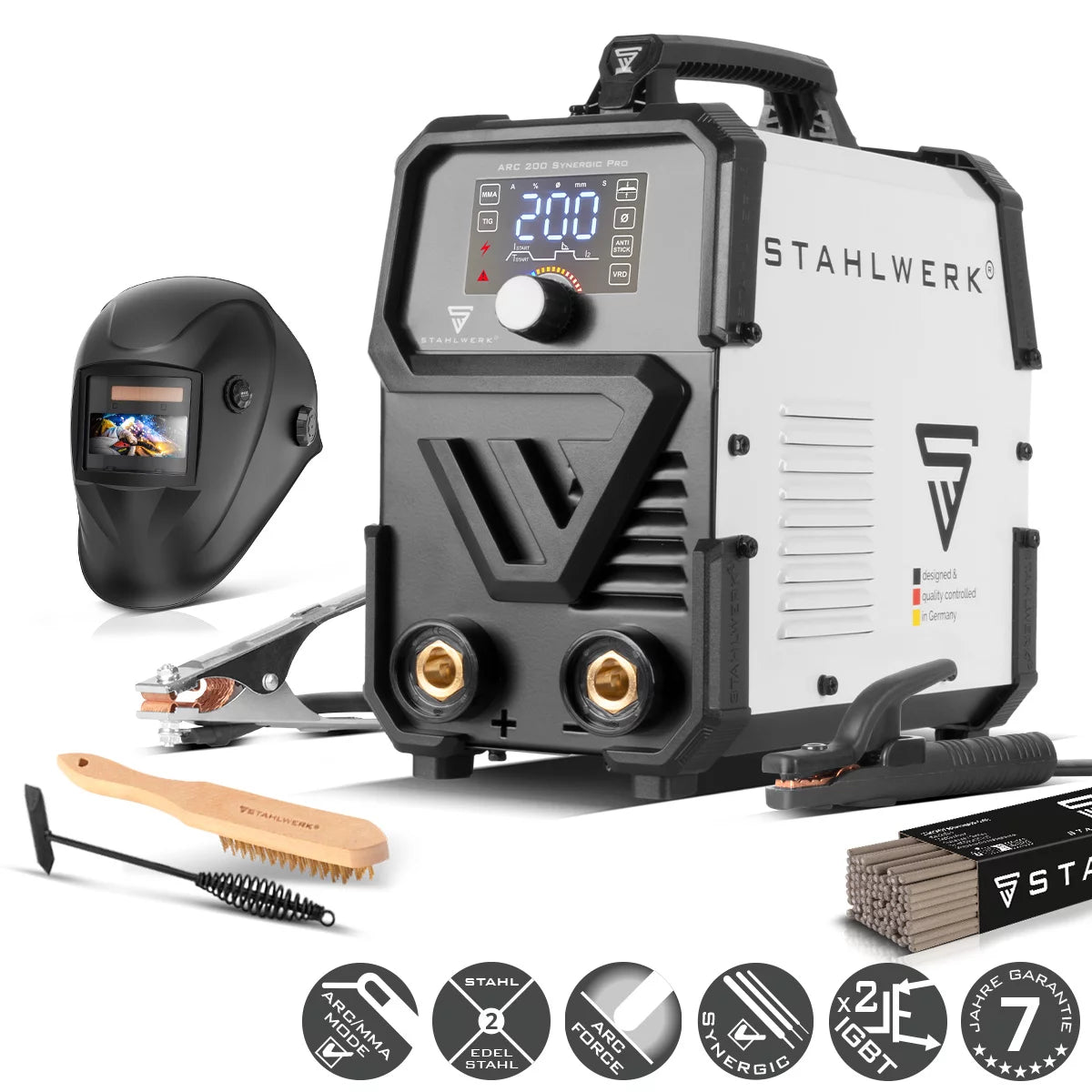 STAHLWERK ARC 200 Synergic Pro Vollausstattung Elektroden-Schweißgerät, vollsynergischer MMA | E-Hand | Lift-TIG Inverter mit 200 Ampere und IGBT Technologie