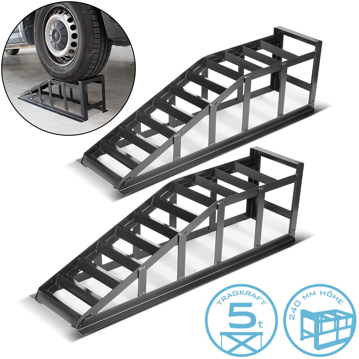 STAHLWERK Auffahrrampe GT-14 ST 2er Set mit 5 Tonnen Tragkraft Auffahrbock | Auto-Rampe | Pkw-Rampe | Kfz-Bock