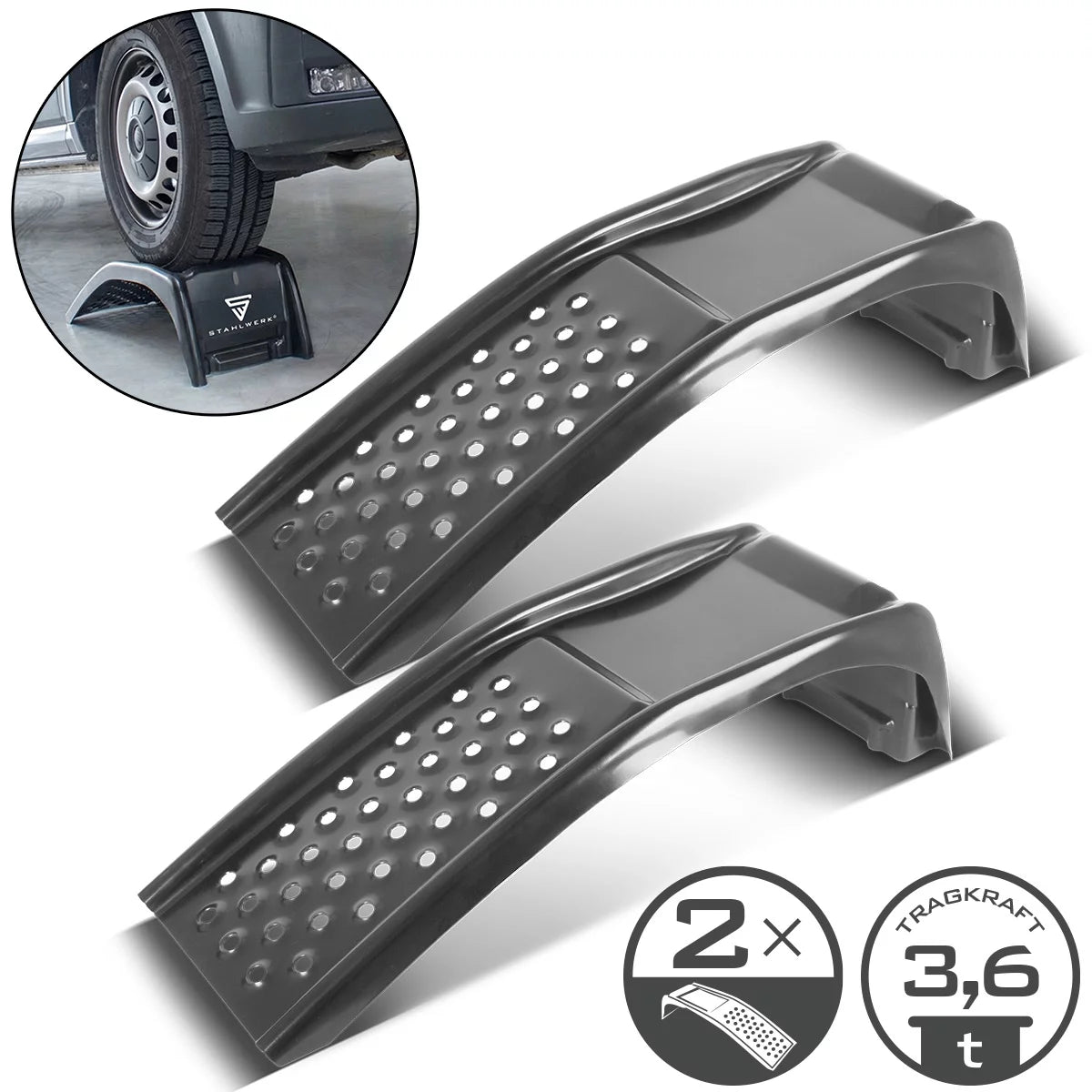 STAHLWERK Auffahrrampen | 2 Stahl-Auffahrrampen mit 3.6 t Traglast pro Paar | Für Reifenbreiten bis 230 mm | 900 x 300 x 240 mm | Fahrzeug-Auffahrrampen für Wartung und Service | Auffahrkeile PKW/LKW