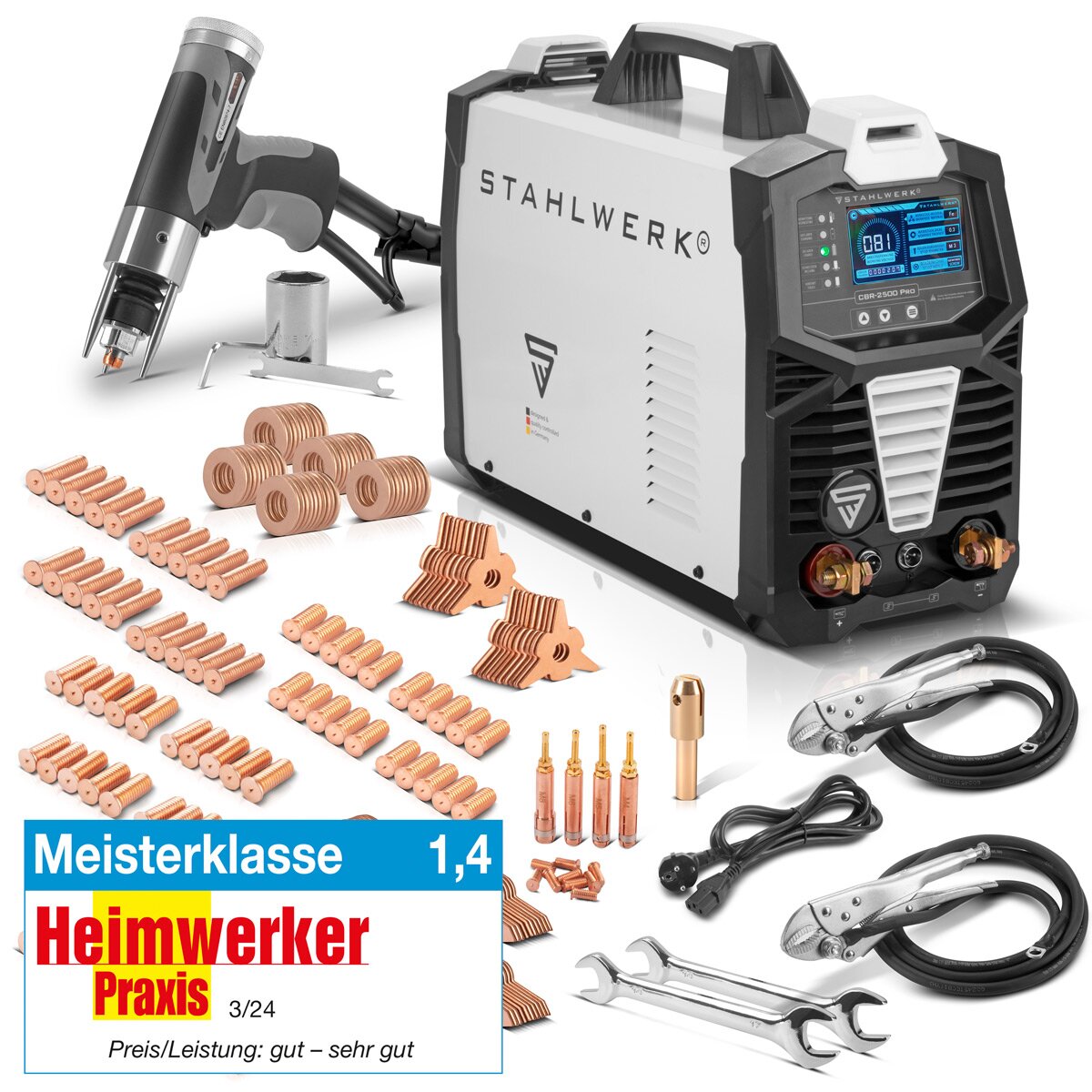 STAHLWERK Profi-Ausbeulspotter CBR-2500 Pro Vollausstattung mit 2.500 J und 230 V, Alu Smart Repair Ausbeul-Set | Dellenlifter | Punktschweißgerät | Ausbeulwerkzeug zum Spotten von Stahl, Edelstahl, Eisen, verzinkten Blechen, Messing und Aluminium