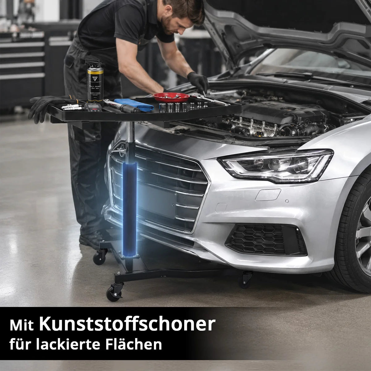 STAHLWERK Auto-Wartungs- und Montagewagen | Höhenverstellbarer Werkstattwagen | 74,5 – 140 cm | 75 kg Traglast | Schwenkbarer Arbeitstisch | Praktische Ablage- und Arbeitsfläche für Werkstatt und Garage