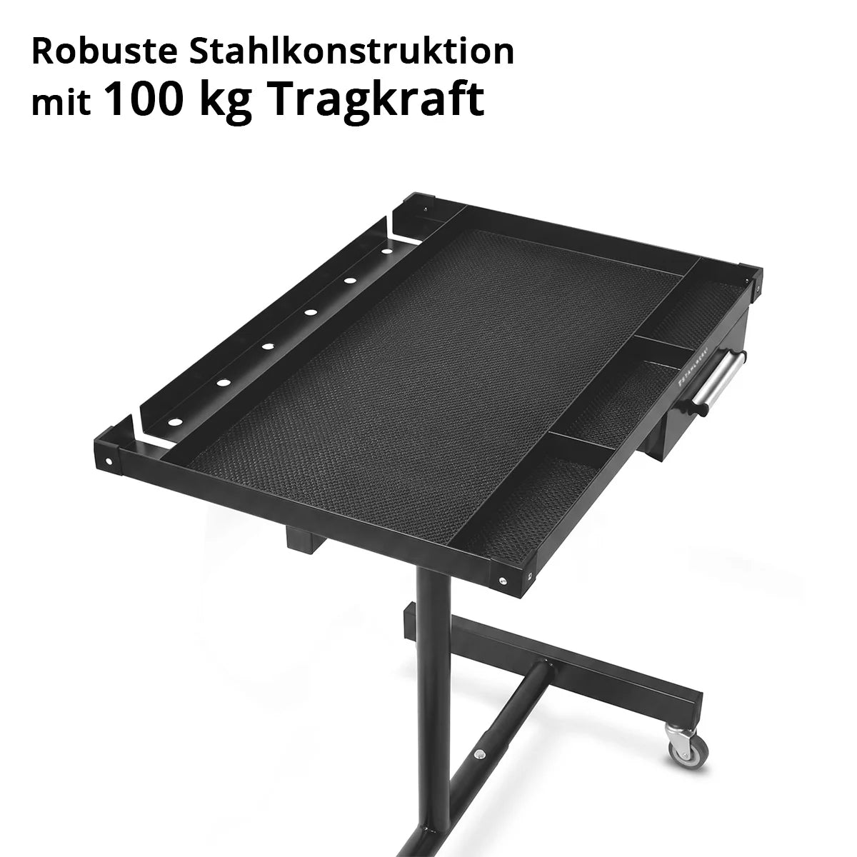 STAHLWERK Kfz-Wartungs- und Montagewagen mit Schublade | Höhenverstellbarer Arbeitstisch | 87,3 – 125 cm | 100 kg Tragkraft | Mobile Werkbank | Ideal für Garage, Werkstatt, Autoreparatur und DIY