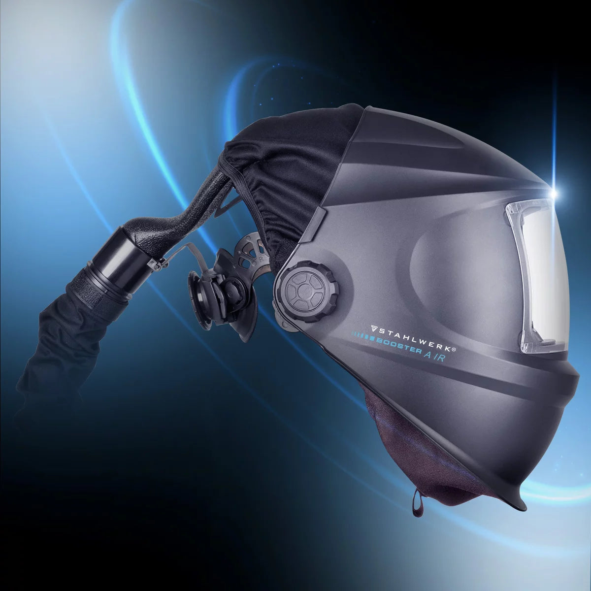 STAHLWERK 3-in-1 Automatik-Schweißhelm BOOSTER AIR | Schweißhelm mit Frischluftzufuhr | PAPR-System | True-Colour-Farbwiedergabe | Jobspeicher | Abdunkelung DIN 4 bis DIN 13 | Optische Klasse 1/1/1/2