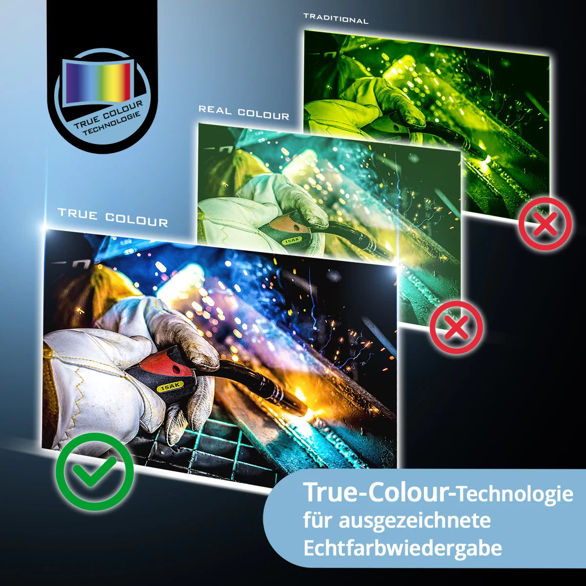 STAHLWERK 3-in-1 Automatik-Schweißhelm BOOSTER AIR | Schweißhelm mit Frischluftzufuhr | PAPR-System | True-Colour-Farbwiedergabe | Jobspeicher | Abdunkelung DIN 4 bis DIN 13 | Optische Klasse 1/1/1/2