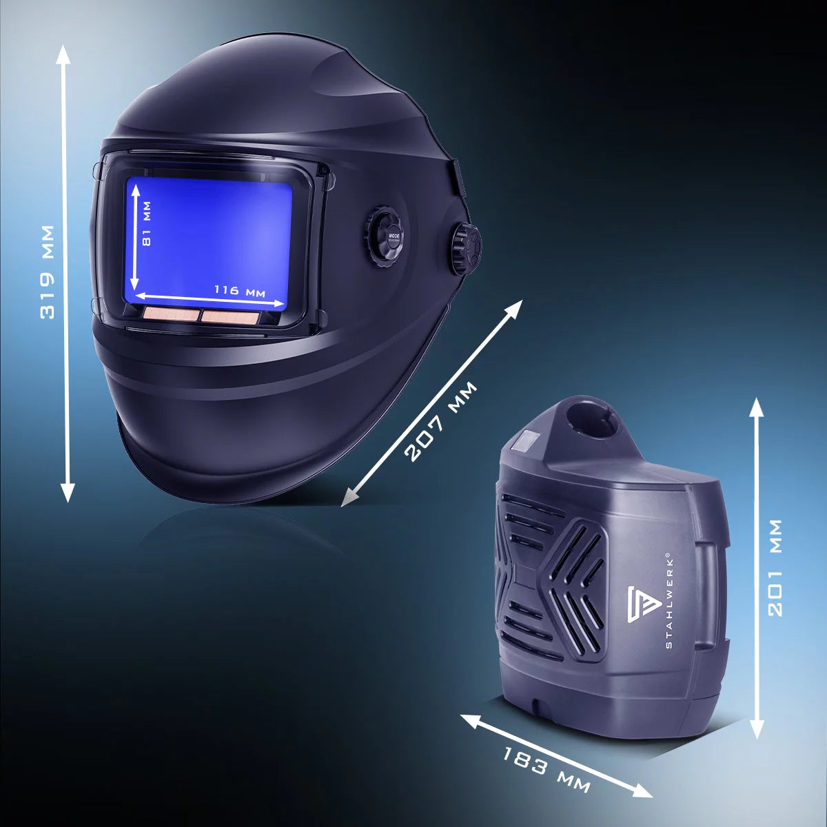 STAHLWERK 3-in-1 Automatik-Schweißhelm BOOSTER AIR | Schweißhelm mit Frischluftzufuhr | PAPR-System | True-Colour-Farbwiedergabe | Jobspeicher | Abdunkelung DIN 4 bis DIN 13 | Optische Klasse 1/1/1/2
