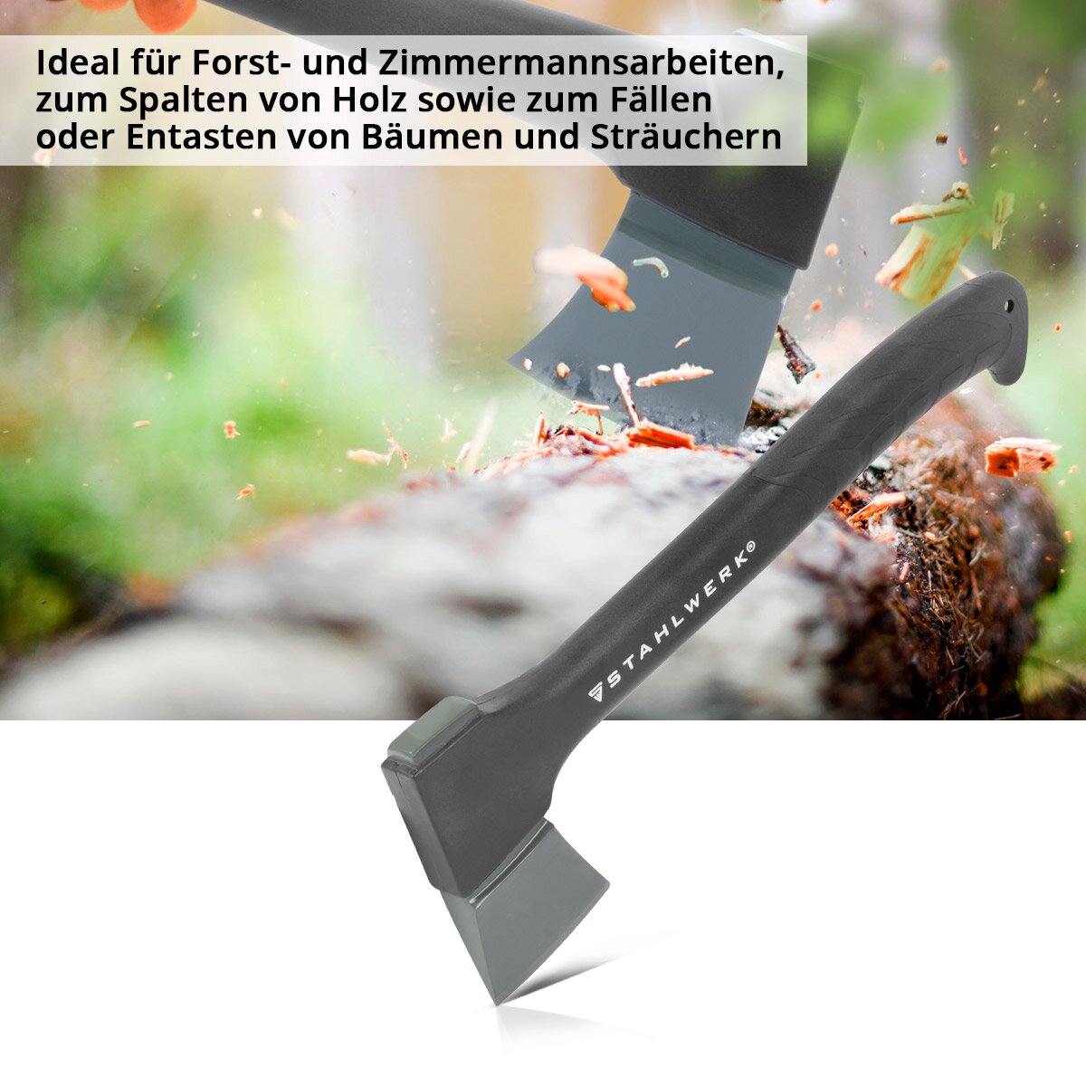 STAHLWERK Axt CA-355 ST 355 mm Beil | Fiberglasaxt | Handbeil | Universalaxt | Campingaxt | Campingbeil | Gartenaxt | Forstaxt aus geschmiedetem Carbon-Stahl mit stoßhemmendem Fiberglas-Griff