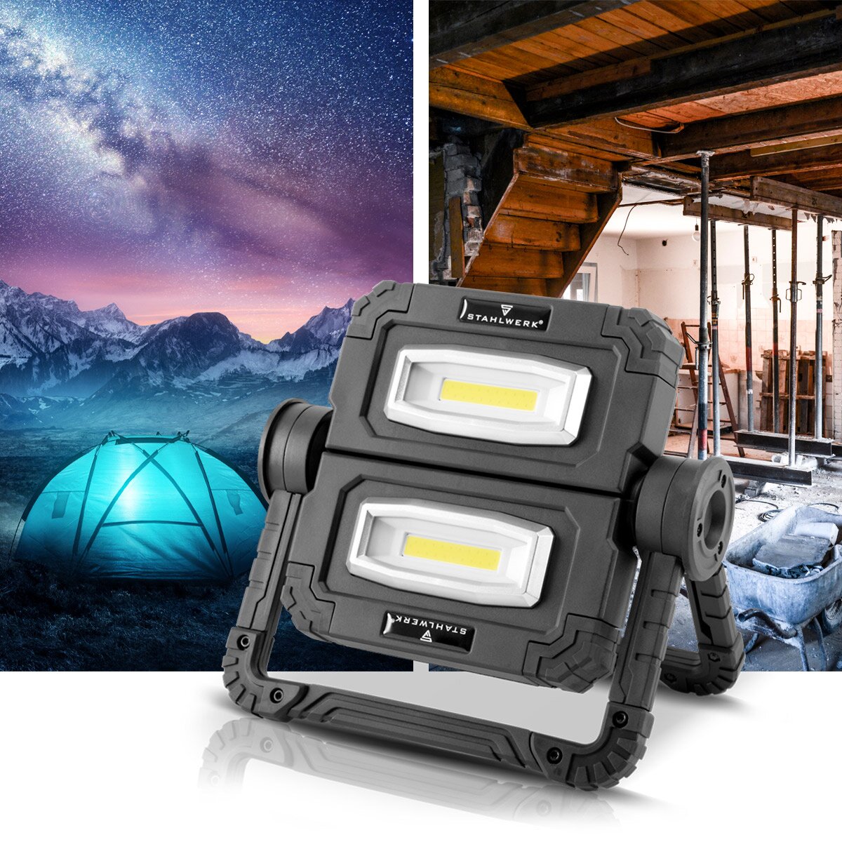 STAHLWERK LED Baustrahler LAL-20 ST mit 20 Watt, 1500 Lumen, USB und 3,7 V Akku mit 5000 mAh, LED Arbeitsleuchte / Scheinwerfer / Flutlicht / Fluter