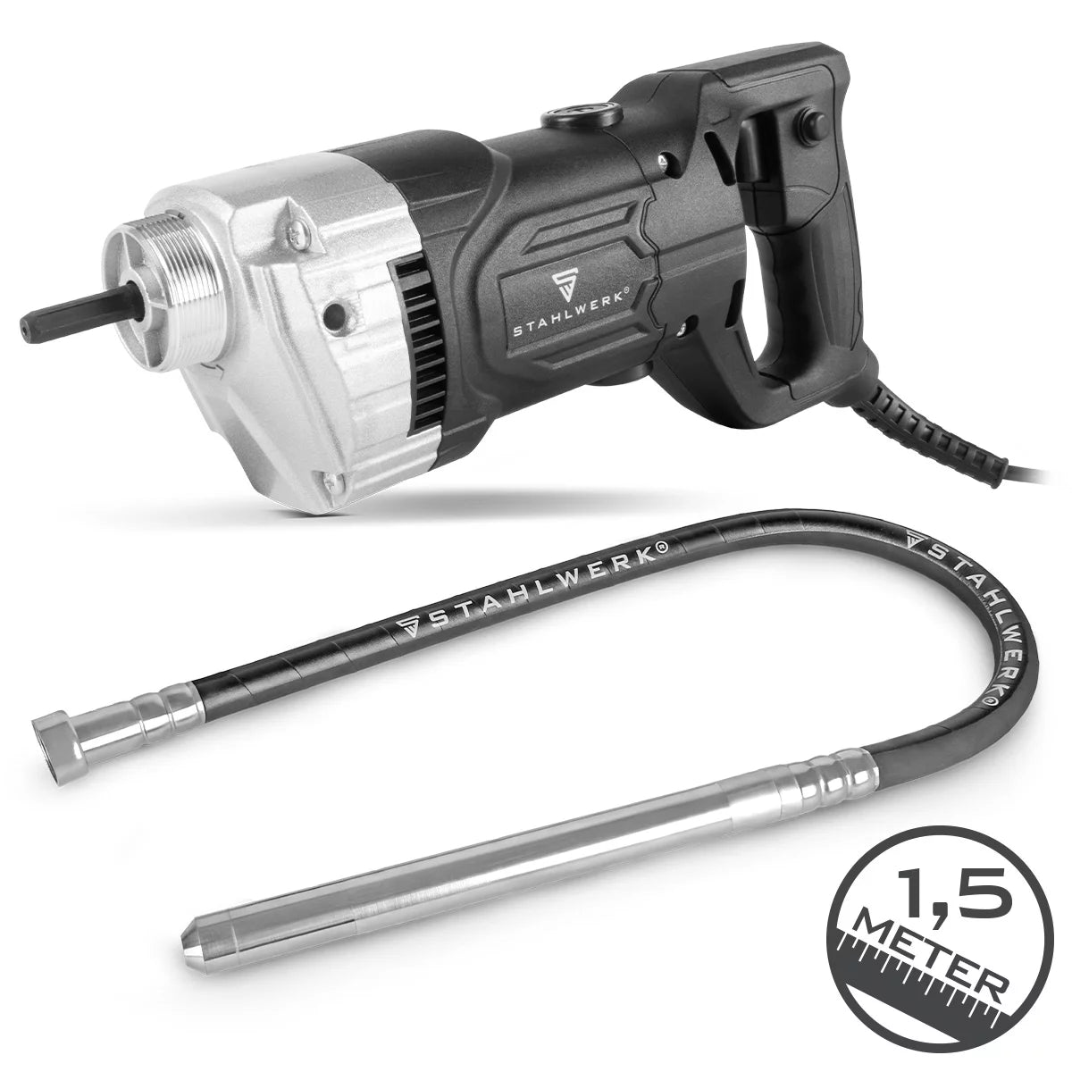 STAHLWERK Betonverdichter 900 Watt mit Rüttelflasche 35 mm, 1,5 m Schlauchlänge | 4.000 U/min | Innenrüttler für Fundamente, Bodenplatten, Wände, Decken | Hochleistungsverdichter für Betonbau