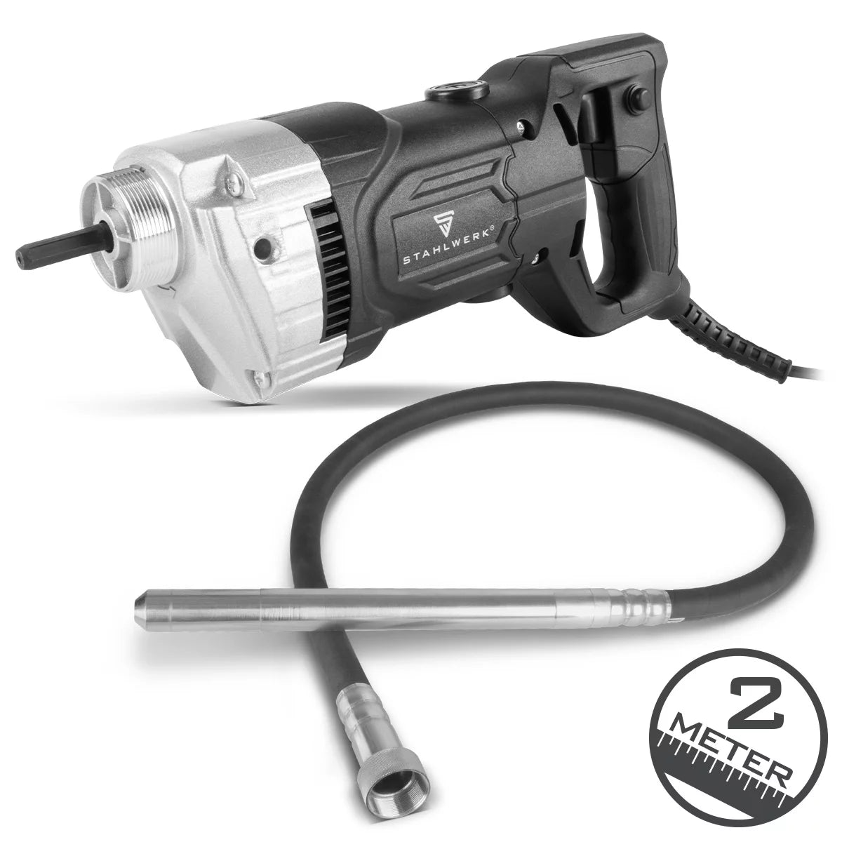 STAHLWERK Betonverdichter 900 Watt mit Rüttelflasche 35 mm, 2 m Schlauchlänge | 4.000 U/min | Innenrüttler für Fundamente, Bodenplatten, Wände, Decken | Hochleistungsverdichter für Betonbau
