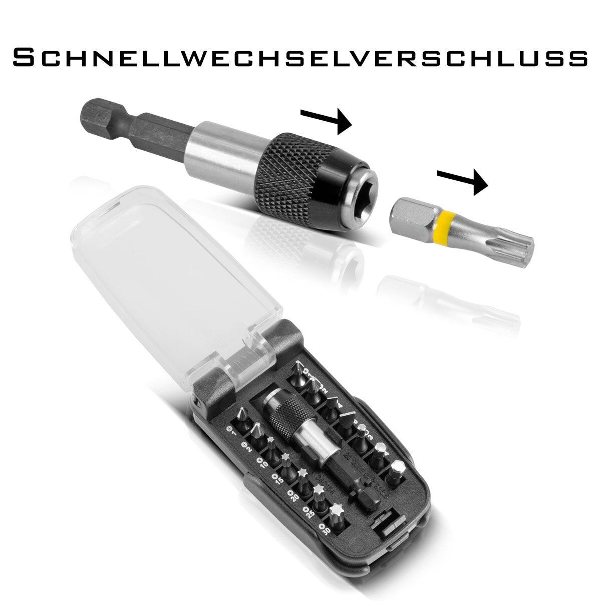 STAHLWERK 15-teiliges Profi-Bit-Set aus Chrom-Vanadium-Stahl mit Magnethalter und Schnellwechsel-Vorrichtung für Akku-Schrauber und Handbohrmaschinen