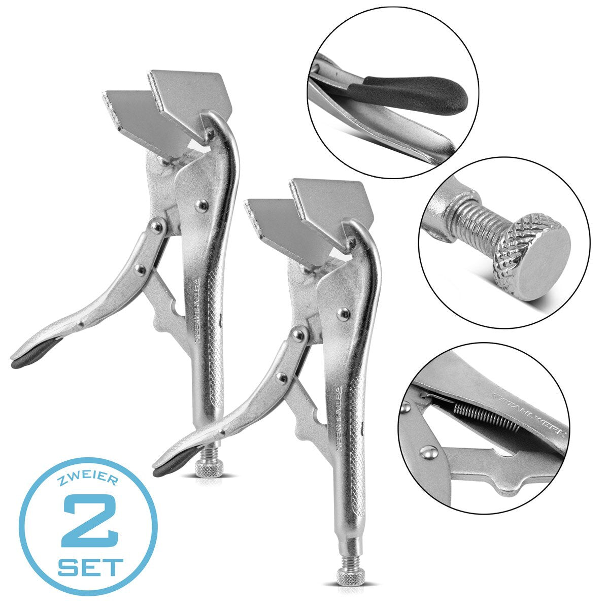 Steelwork sheet metal grip pliers and clamping pliers 2 Set with 100 mm clamping baking for tensioning and fixing thin workpieces and sheets