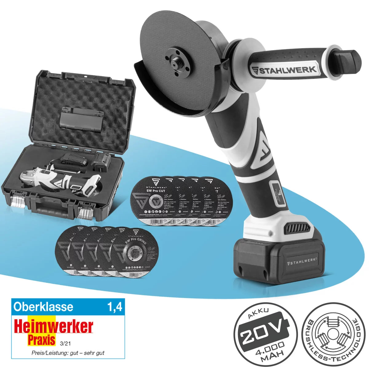 STAHLWERK Brushless Akku Winkelschleifer AWS-20 Bürstenlos 20 V/4Ah Akku System, 0 - 7500 min-1, Scheibengrößen 115 mm & 125 mm, inklusive 1 x 4 Ah Akku und Ladegerät