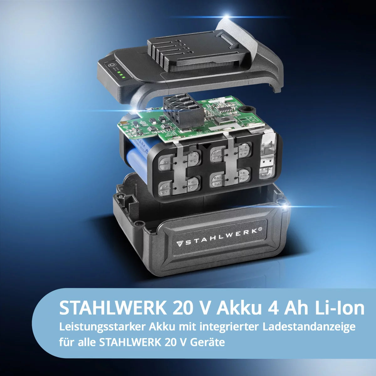 Meuleuse d'angle sans balais STAHLWERK AWS-20, système de batterie sans balais 20 V/4 Ah, 0 - 7 500 min-1, tailles de disque 115 mm et 125 mm, avec 1 batterie de 4 Ah et un chargeur