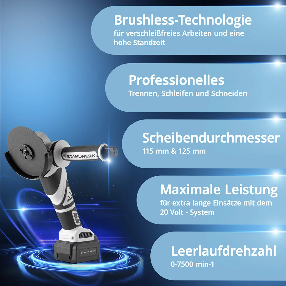 STAHLWERK Brushless Akku Winkelschleifer AWS-20 Bürstenlos 20 V/4Ah Akku System, 0 - 7500 min-1, Scheibengrößen 115 mm & 125 mm, inklusive 1 x 4 Ah Akku und Ladegerät