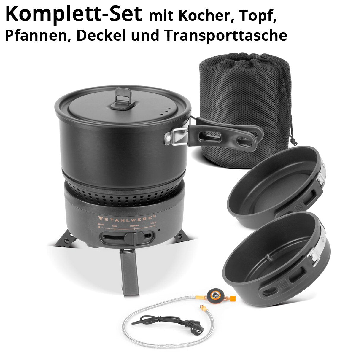 STAHLWERK Camping-Kocher CK-700 ST 2-in1 Elektro- und Gaskocher | Outdoor-Kocher | Camping-Geschirr | Kartuschen-Kocher | Camping-Koch-Set mit Topf und Pfannen