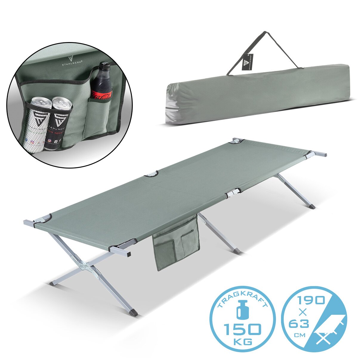 STAHLWERK Campingliege CL-190 ST klappbares Feldbett mit 150 kg Tragkraft 190 x 63 cm Campingbett | Klappbett | Faltbett | Klappliege | Gästebett | Faltliege mit Transporttasche