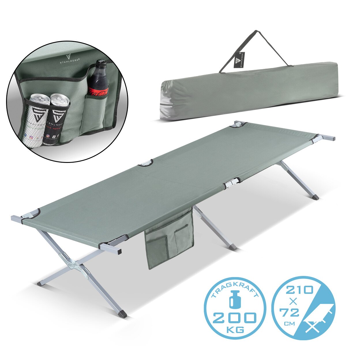 STAHLWERK Campingliege CL-210 ST klappbares XXL Feldbett mit 200 kg Tragkraft 210 x 72 cm Campingbett | Klappbett | Faltbett | Klappliege | Gästebett | Faltliege mit Transporttasche