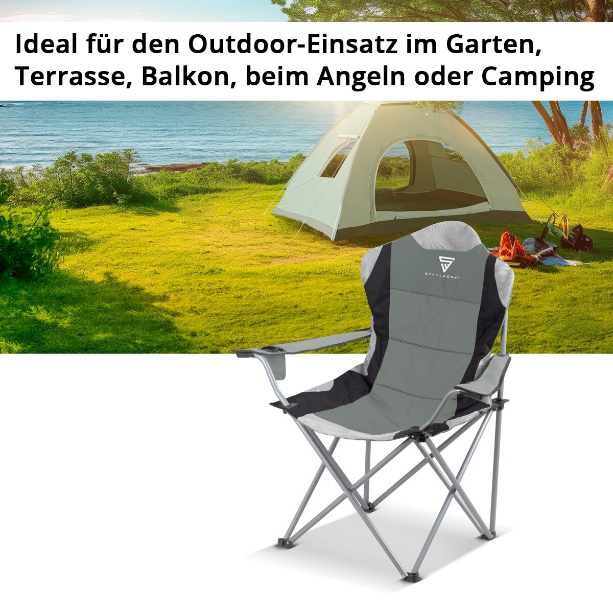 STAHLWERK Campingstuhl CS-102 ST mit 160 kg Tragkraft Gartenstuhl | Klappstuhl | Klappsessel | Anglerstuhl | Faltstuhl | Faltsessel | Anglersessel mit Armlehne, Becherhalter und Transporttasche