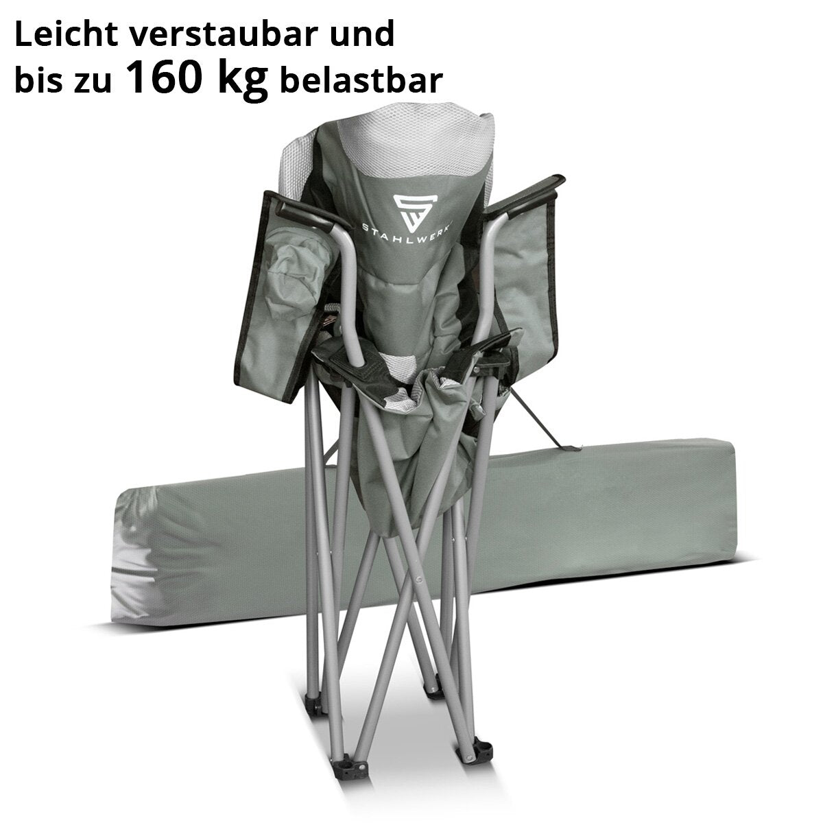 STAHLWERK Campingstuhl CS-102 ST mit 160 kg Tragkraft Gartenstuhl | Klappstuhl | Klappsessel | Anglerstuhl | Faltstuhl | Faltsessel | Anglersessel mit Armlehne, Becherhalter und Transporttasche