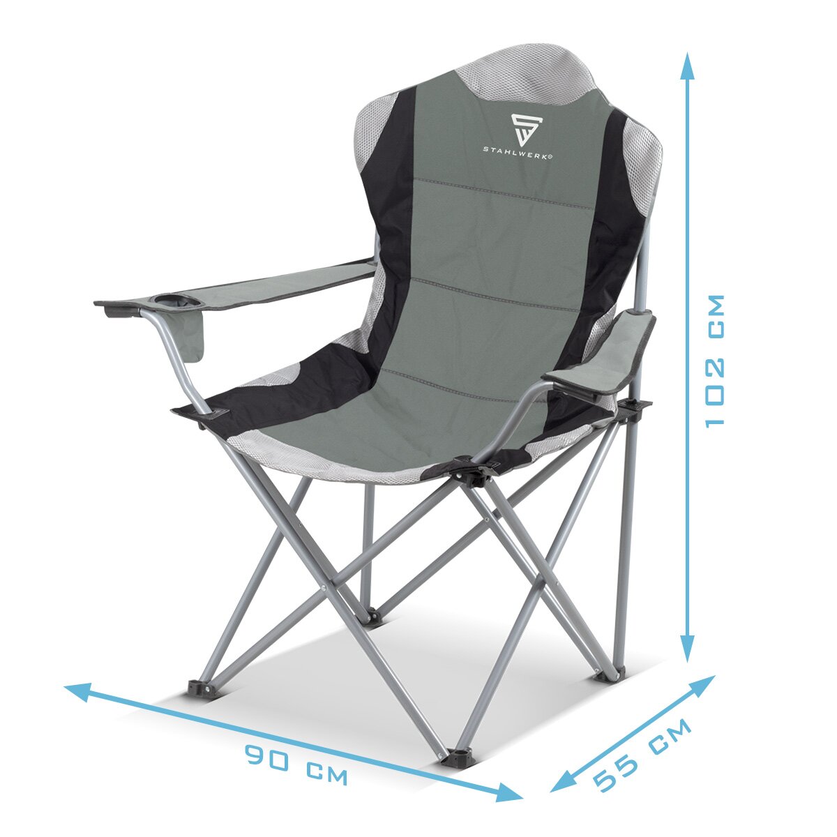 STAHLWERK Campingstuhl CS-102 ST mit 160 kg Tragkraft Gartenstuhl | Klappstuhl | Klappsessel | Anglerstuhl | Faltstuhl | Faltsessel | Anglersessel mit Armlehne, Becherhalter und Transporttasche