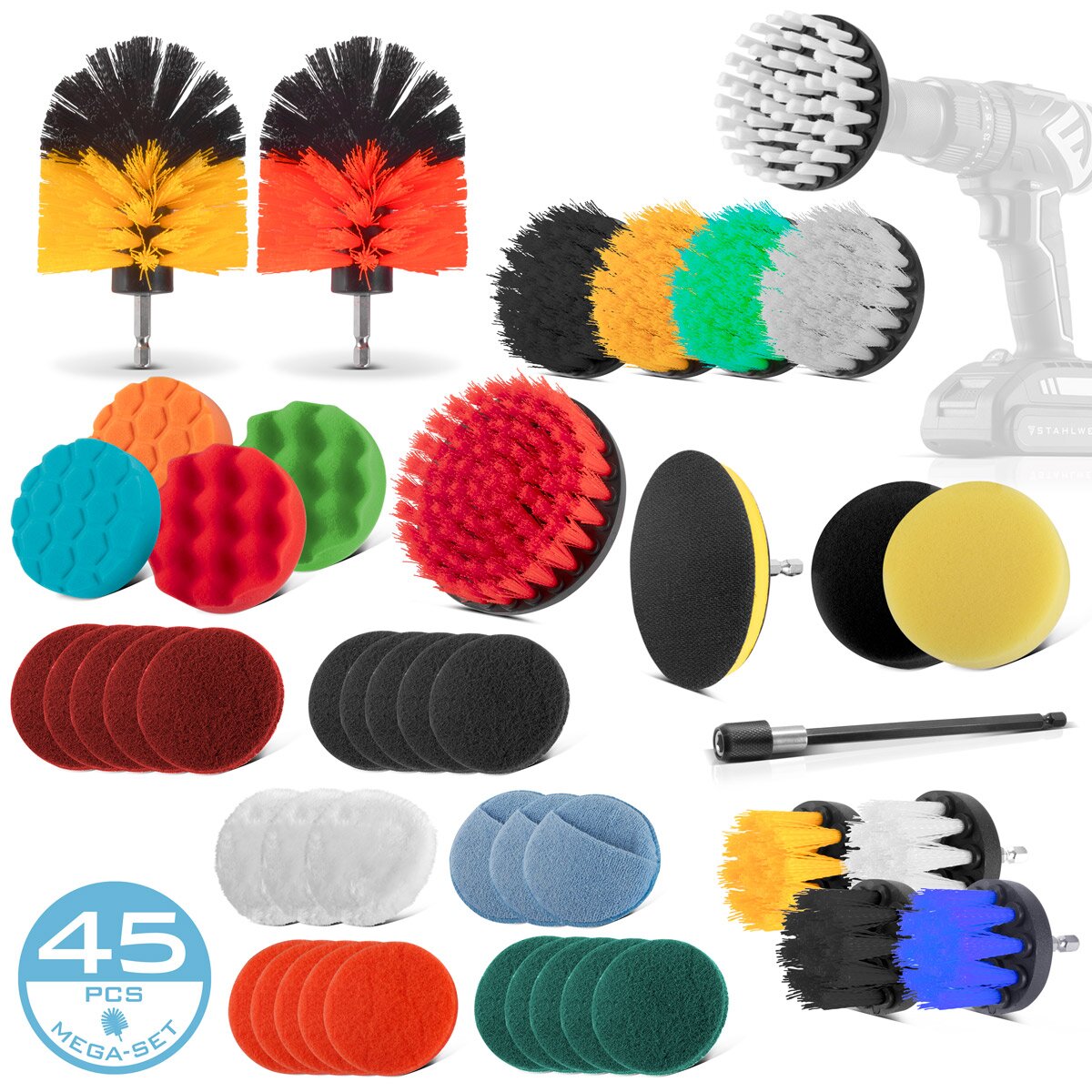 Steelworks brush attachment 45 set for cordless screwdriver and drilling machines, Velcro grinding pads, cleaning brushes and polishing sponges with standard bit recording including extension adapter