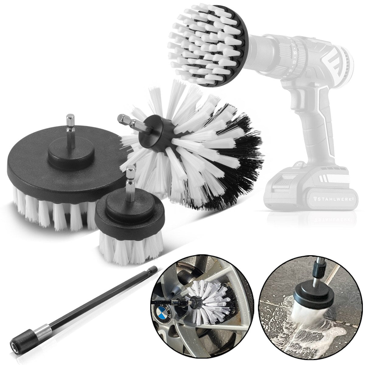 Steelworks brush attachment 4 Set for cordless screwdriver and drilling machines, cleaning, polishing and detailing brushes with standard bit recording including extension adapter