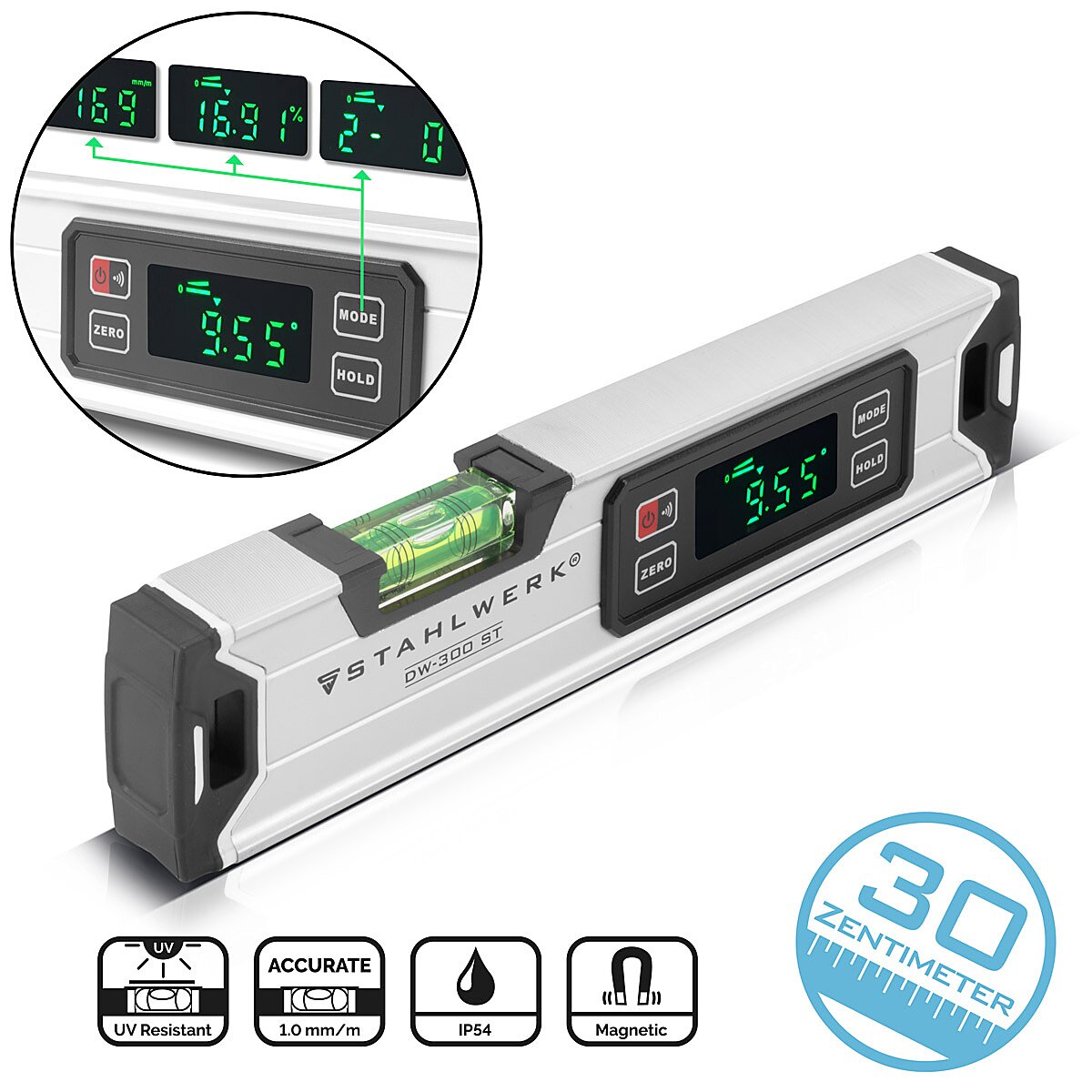 Steelworks Digital Water scale DW-300 ST made of aluminum with 300 mm length magnetic directional scale | Magnet water scale | Aluminum water scale | Digital water scale | Linen knife