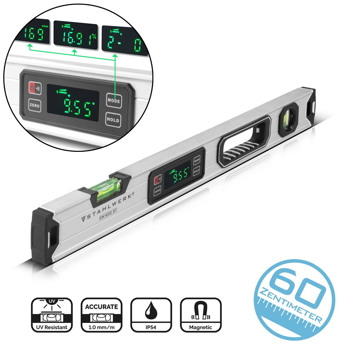 Steelworks Digital Water scale DW-600 ST made of aluminum with 600 mm length magnetic directional scale | Magnet water scale | Aluminum water scale | Digital water scale | Linen knife