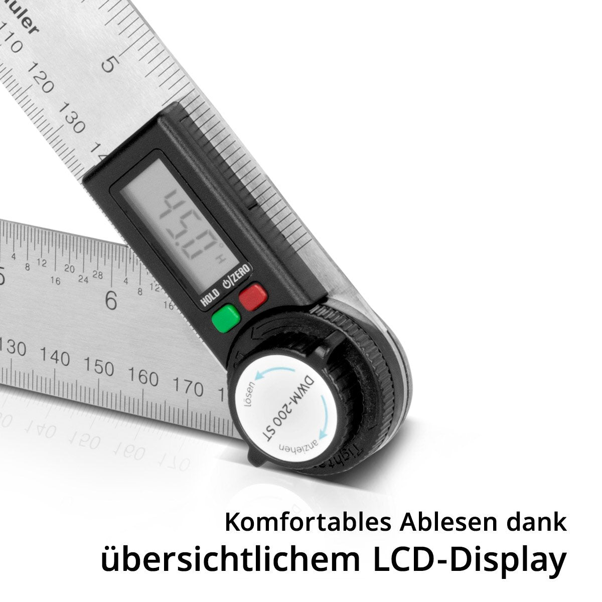 Steelworks Digital Wrassenmesser DWM-200 ST con intervallo di misurazione 180 mm Dispositivo di misurazione angolo di precisione a 360 ° | Faccia | Winkellineale in acciaio inossidabile