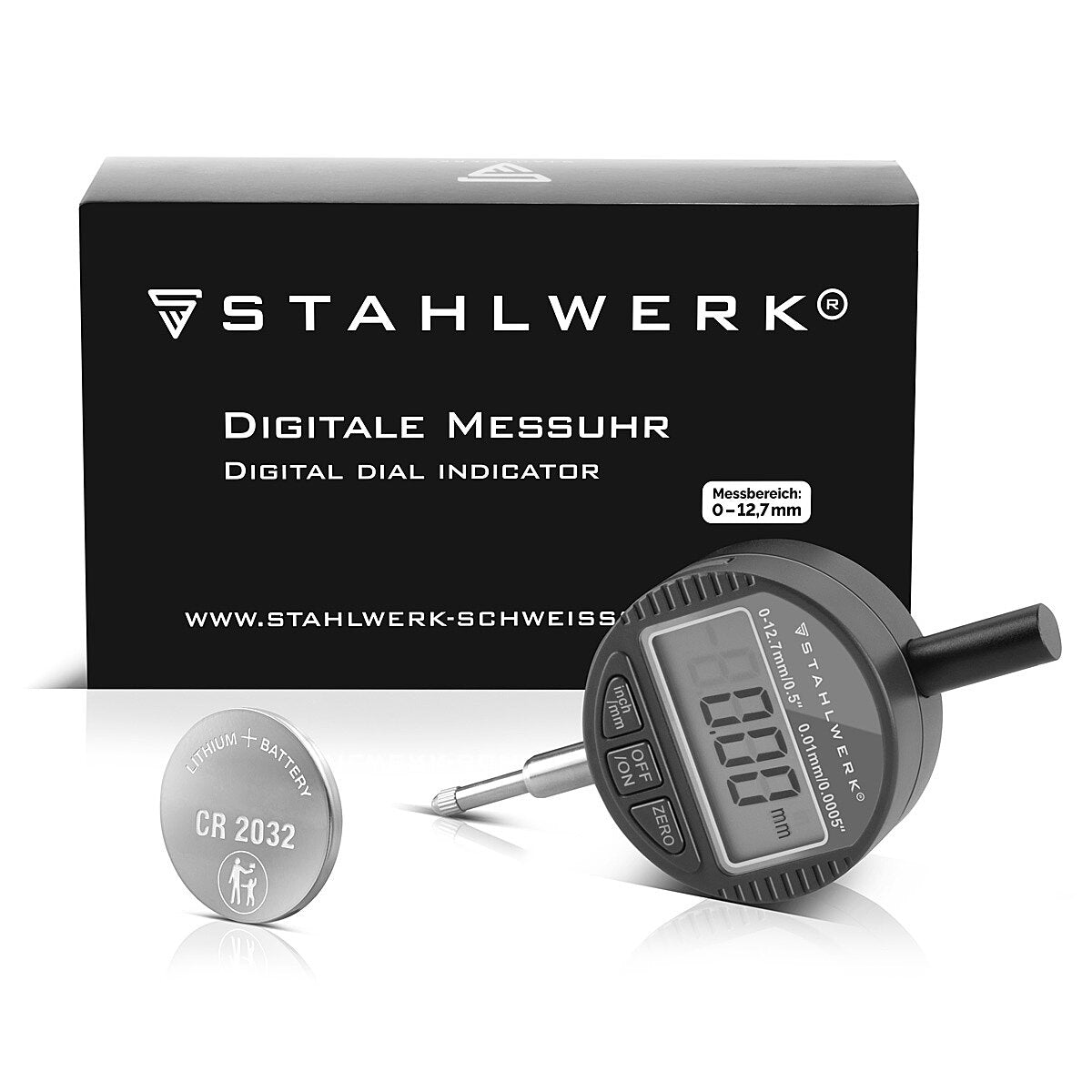 STAHLWERK Digitale Messuhr mit 0-12,7 mm (0,5") Messbereich, Messtaster für Präzisionsmessungen in Millimeter und Zoll