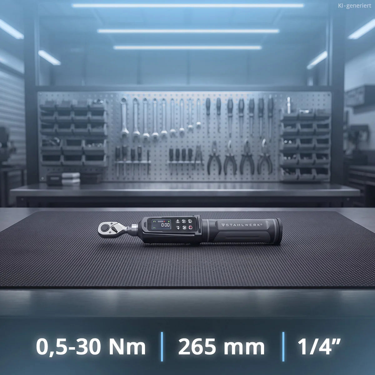 STAHLWERK Digitaler Drehmomentschlüssel 0,5-30 Nm 1/4"-Aufnahme | 72 Zähne | 265 mm | mit Eichzertifikat | Umschaltknarre | Ratschenschlüssel | Ratsche | LED-Anzeige und Transportbox